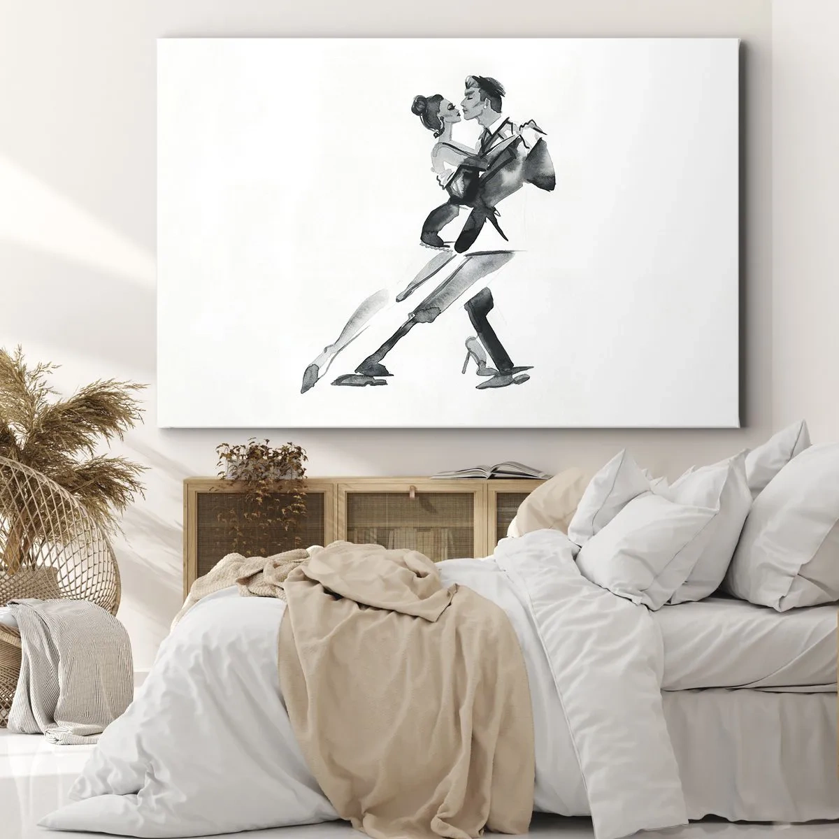 Quadro em tela - Uma ilustração sutil de um casal dançando em estilo monocromático. - 70x50cm - Num só ritmo - Decoração de parede moderna para a sala de estar e quarto ARTTOR