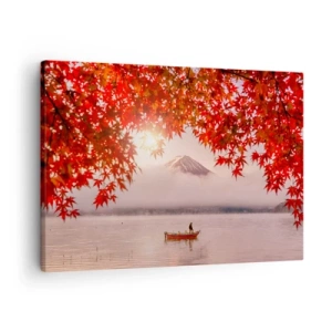 Quadro em tela - Um barco em um lago cercado por folhas de bordo vermelhas - 70x50cm - No clima japonês - Decoração de parede moderna para a sala de estar e quarto ARTTOR
