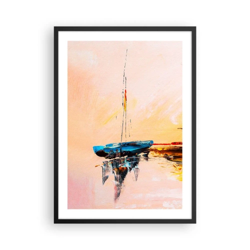 Pôster com moldura preta - Barco abstrato em águas calmas ao pôr do sol - 50x70cm - Noite na marina - Decoração de parede moderna para a sala de estar e quarto ARTTOR