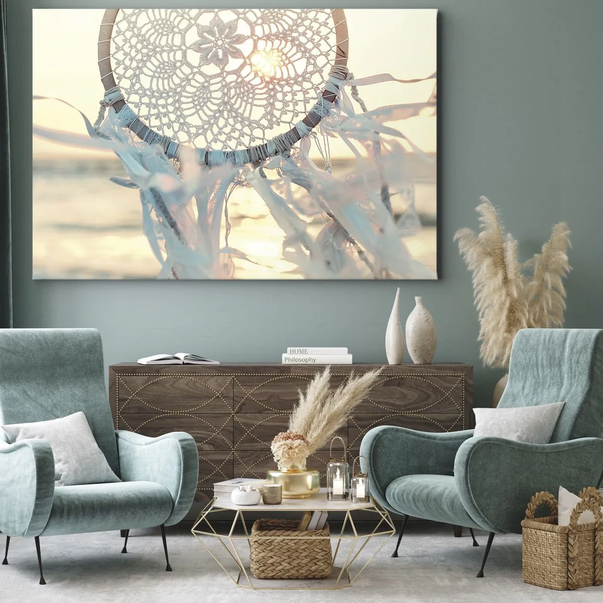 Quadro em tela - Um delicado apanhador de sonhos com o pôr do sol como pano de fundo - 70x50cm - Totem de renda - Decoração de parede moderna para a sala de estar e quarto ARTTOR