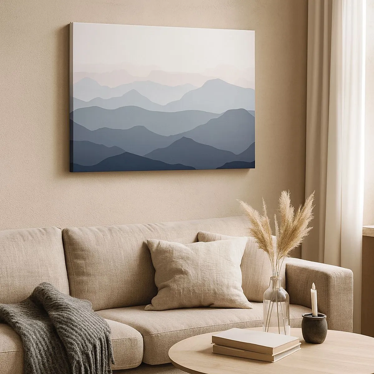 Quadro em tela - Camadas sutis de montanhas em tons de cinza e azul - 70x50cm - Ondas de montanha - Decoração de parede moderna para a sala de estar e quarto ARTTOR