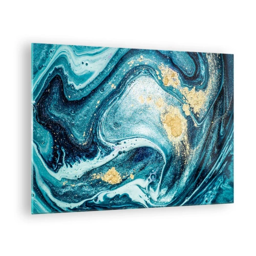 Quadro em vidro - Redemoinhos abstratos em tons de turquesa e dourado - 70x50cm - Redemoinho azul - Decoração de parede moderna para a sala de estar e quarto ARTTOR