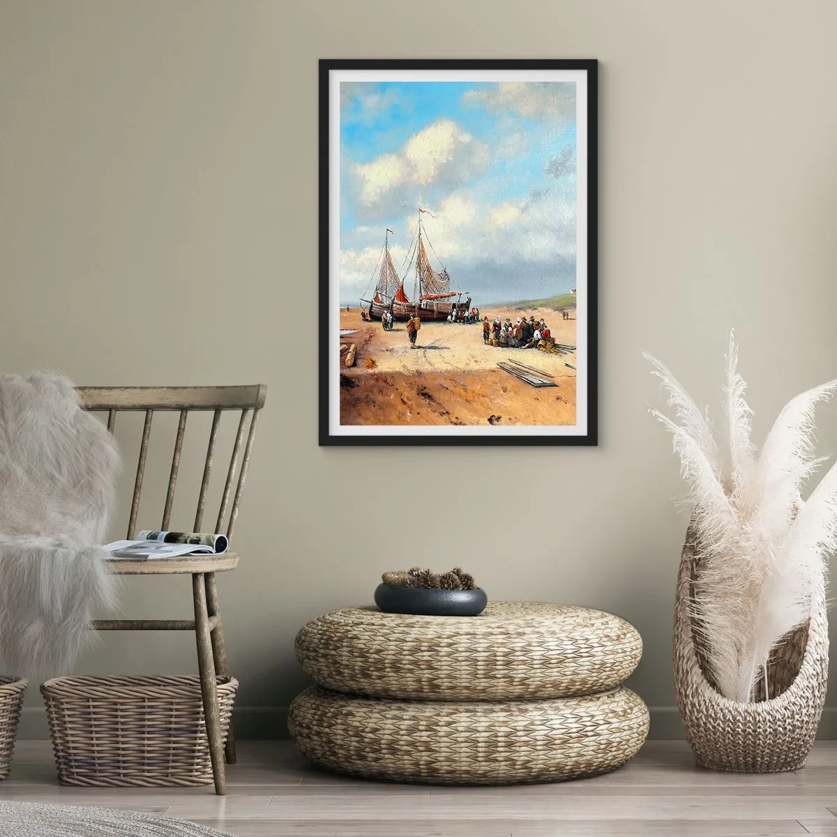 Pôster com moldura preta - Barcos de pesca tradicionais e pescadores em uma praia de areia - 50x70cm - Pós-caça bem-sucedida - Decoração de parede moderna para a sala de estar e quarto ARTTOR