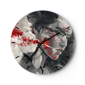 Relógio de parede - Relógio em vidro - Rosto de mulher com detalhes abstratos em vermelho e branco - 30x30cm - Nos fumos do absurdo - Decoração de parede moderna para a sala de estar, cozinha e quarto ARTTOR