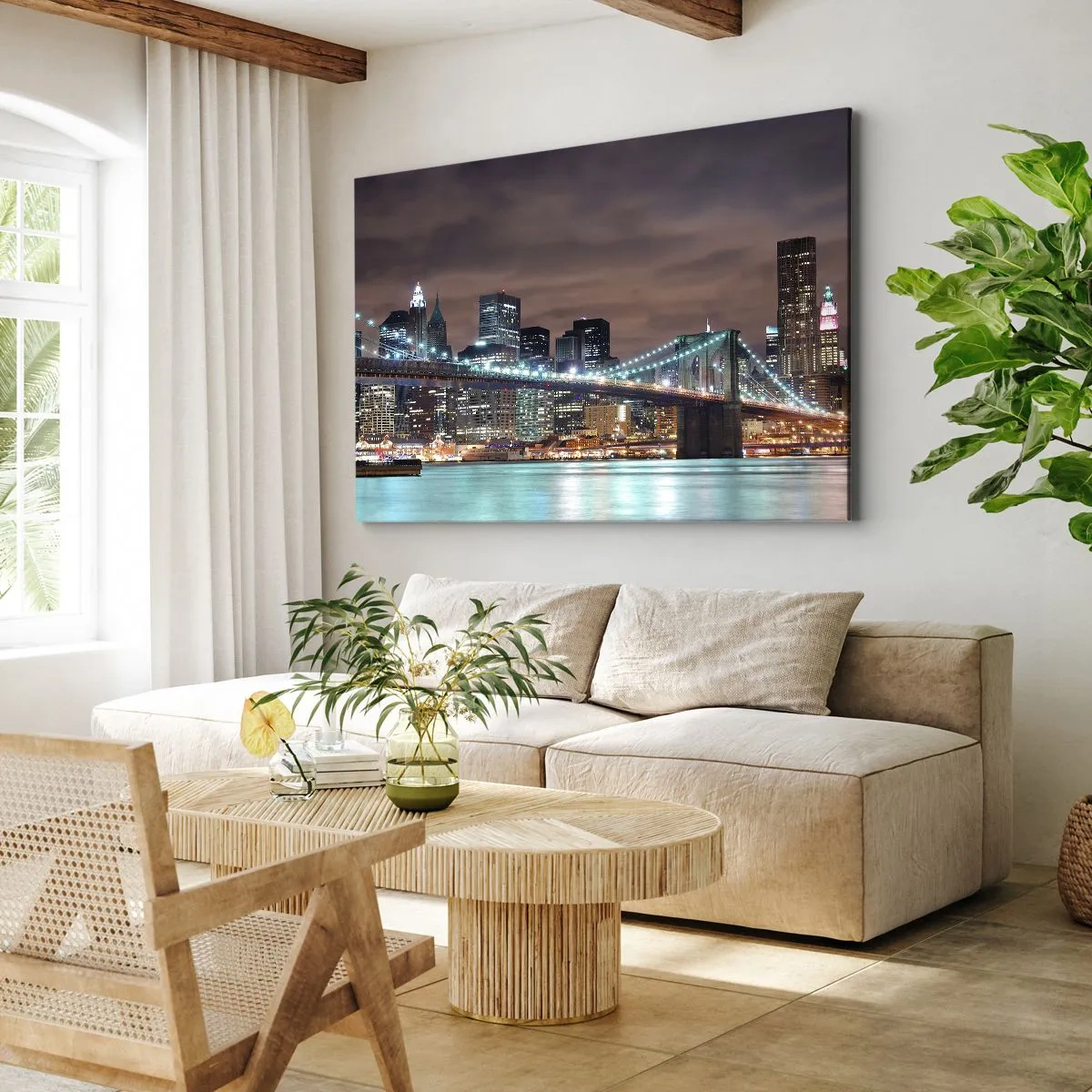 Quadro em tela - A ponte iluminada à noite tendo como pano de fundo o panorama da cidade moderna - 70x50cm - Luzes de uma cidade grande - Decoração de parede moderna para a sala de estar e quarto ARTTOR
