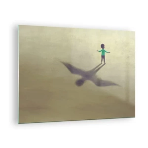 Quadro em vidro - Um menino com uma sombra em forma de pássaro em um fundo bege - 70x50cm - Herói do futuro - Decoração de parede moderna para a sala de estar e quarto ARTTOR