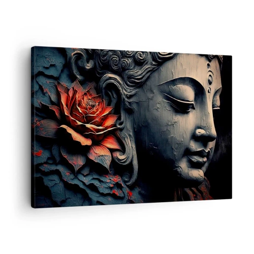 Quadro em tela - Escultura de Buda com uma flor de lótus vermelha - 70x50cm - Em harmonia com o mundo - Decoração de parede moderna para a sala de estar e quarto ARTTOR