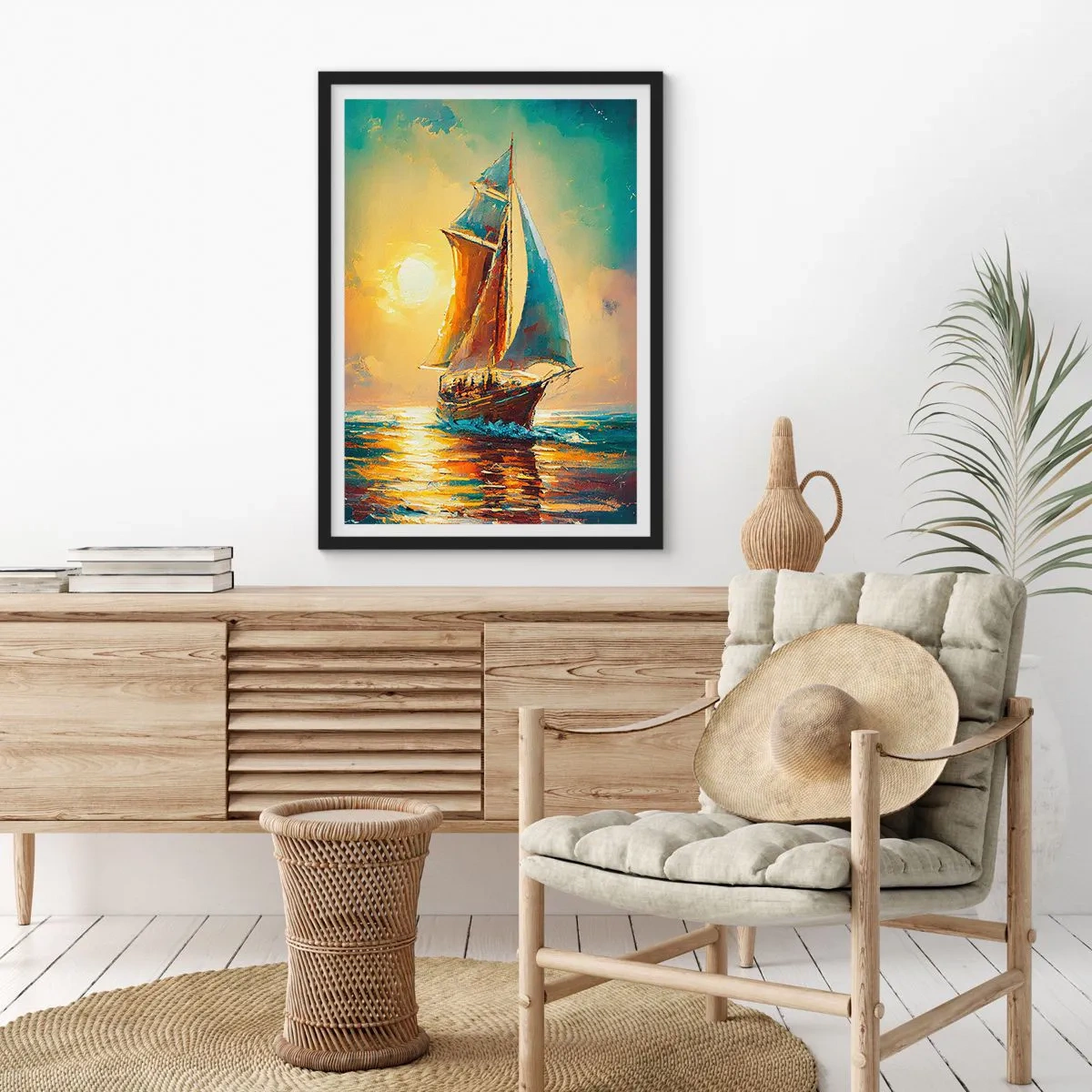 Pôster com moldura preta - Um veleiro tendo como pano de fundo um pôr do sol dourado - 50x70cm - A todo vapor - Decoração de parede moderna para a sala de estar e quarto ARTTOR