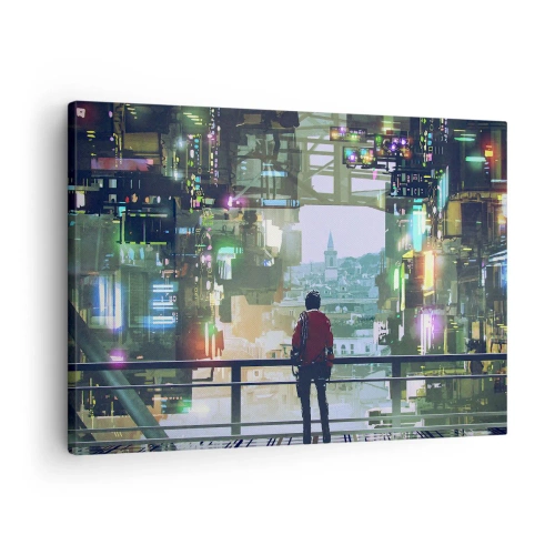 Quadro em tela - Uma figura em uma cidade futurista com luzes de neon - 70x50cm - Dois mundos - Decoração de parede moderna para a sala de estar e quarto ARTTOR