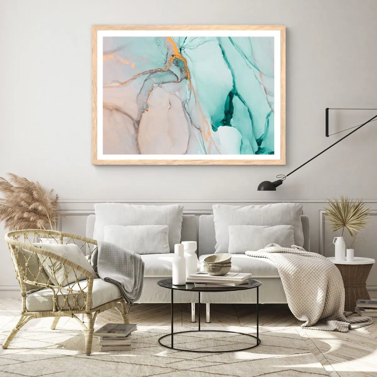 Pôster com moldura de carvalho claro - Dança das formas e cores - 91x61 cm