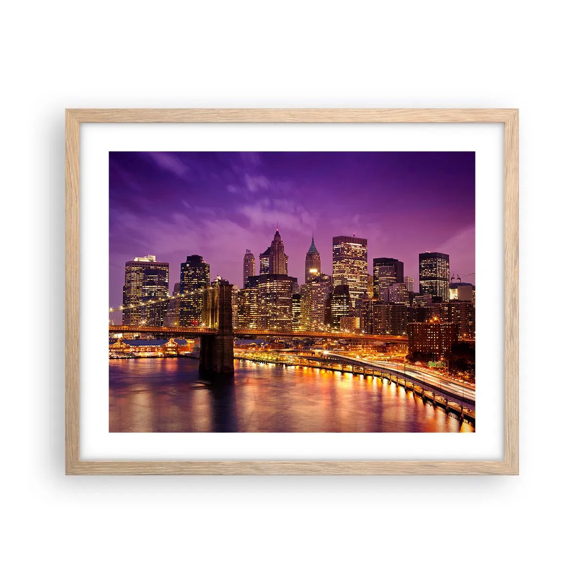 Pôster com moldura de carvalho claro - Manhathann roxa e dourada - 50x40 cm