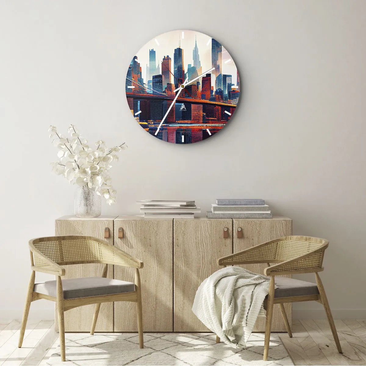 Relógio de parede - Relógio em vidro - Horizonte da cidade de Nova York com ponte e reflexo na água ao pôr do sol - 30x30cm - Nova York dos sonhos - Decoração de parede moderna para a sala de estar, cozinha e quarto ARTTOR