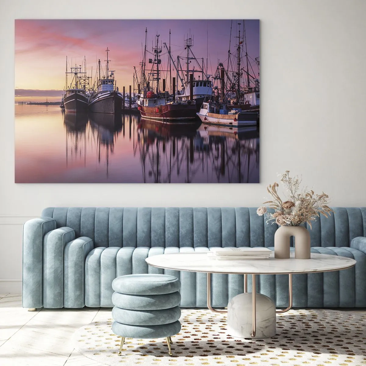 Quadro em vidro - Barcos de pesca ao pôr do sol em um porto tranquilo - 70x50cm - Antes do dia seguinte - Decoração de parede moderna para a sala de estar e quarto ARTTOR