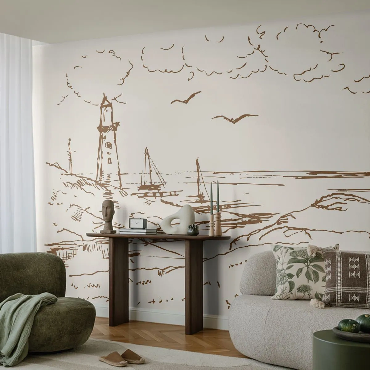Papel de Parede Premium Sand - Esboço das memórias do verão - Gráficos, Costa, Farol - 100x70 cm