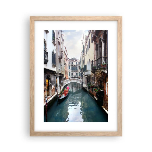 Pôster com moldura de carvalho claro - Paisagem veneziana com gôndola e ponte - 30x40 cm