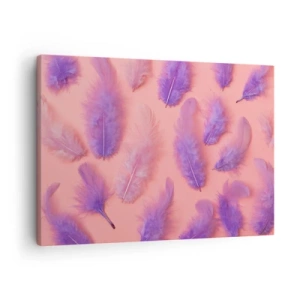 Quadro em tela - Penas roxas e rosa em um fundo pastel - 70x50cm - Ave lilás do desejo - Decoração de parede moderna para a sala de estar e quarto ARTTOR