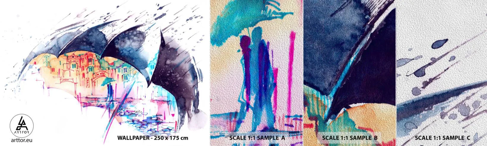 Amostra de papel de parede Premium Sand - Passeio na chuva - Abstração, Guarda-chuva, Arquitetura - 100x30 cm