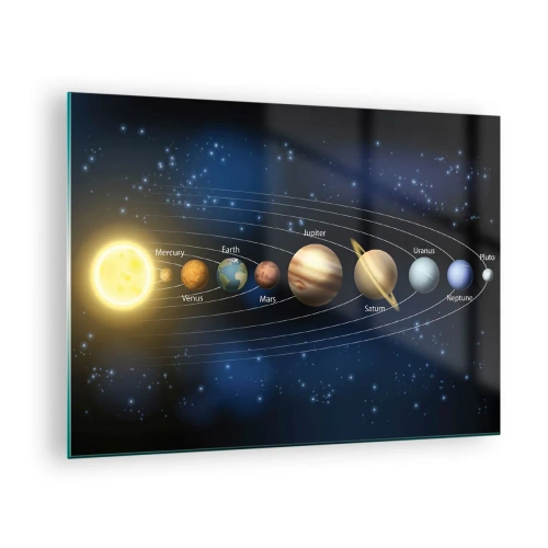 Quadro em vidro - O sistema solar com planetas e estrelas ao fundo - 70x50cm - Um de dez - Decoração de parede moderna para a sala de estar e quarto ARTTOR