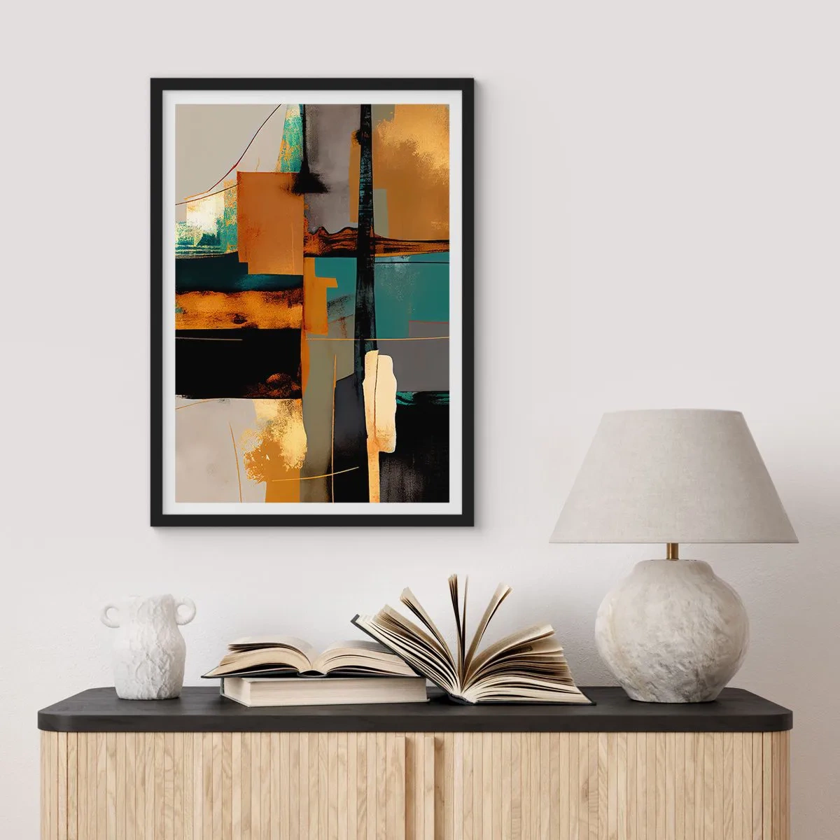 Pôster com moldura preta - Uma composição abstrata em tons de dourado e turquesa - 50x70cm - Abstração – luz e sombra - Decoração de parede moderna para a sala de estar e quarto ARTTOR