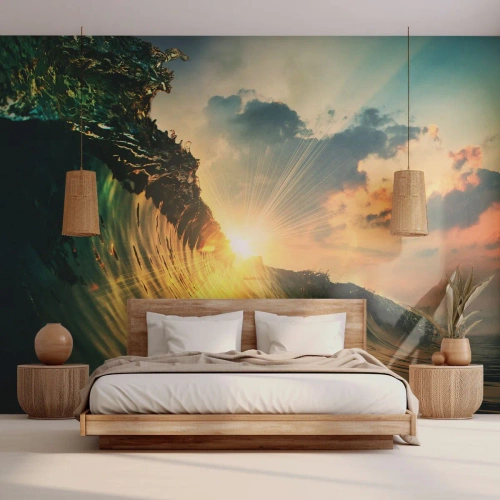 Papel de Parede Standard Eco - Pôr do sol sobre a onda do oceano em luz dourada - 100x70cm - Surfer, onde está? - Decoração de parede moderna para a sala de estar e quarto ARTTOR
