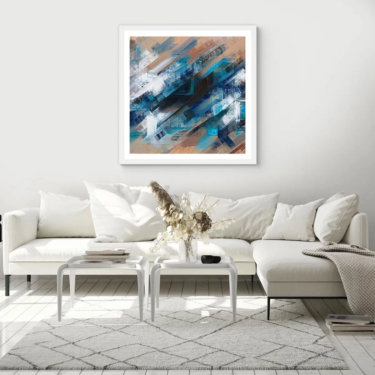 Pôster em moldura branca - Numa diagonal azul - 50x50 cm