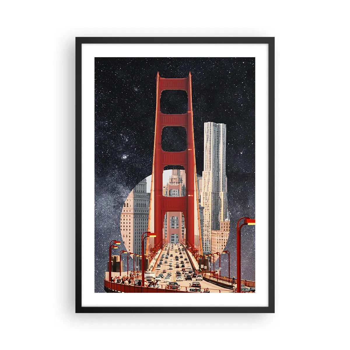 Pôster com moldura preta - Uma ponte e arranha-céus contra o céu estrelado - 50x70cm - Sempre no centro - Decoração de parede moderna para a sala de estar e quarto ARTTOR