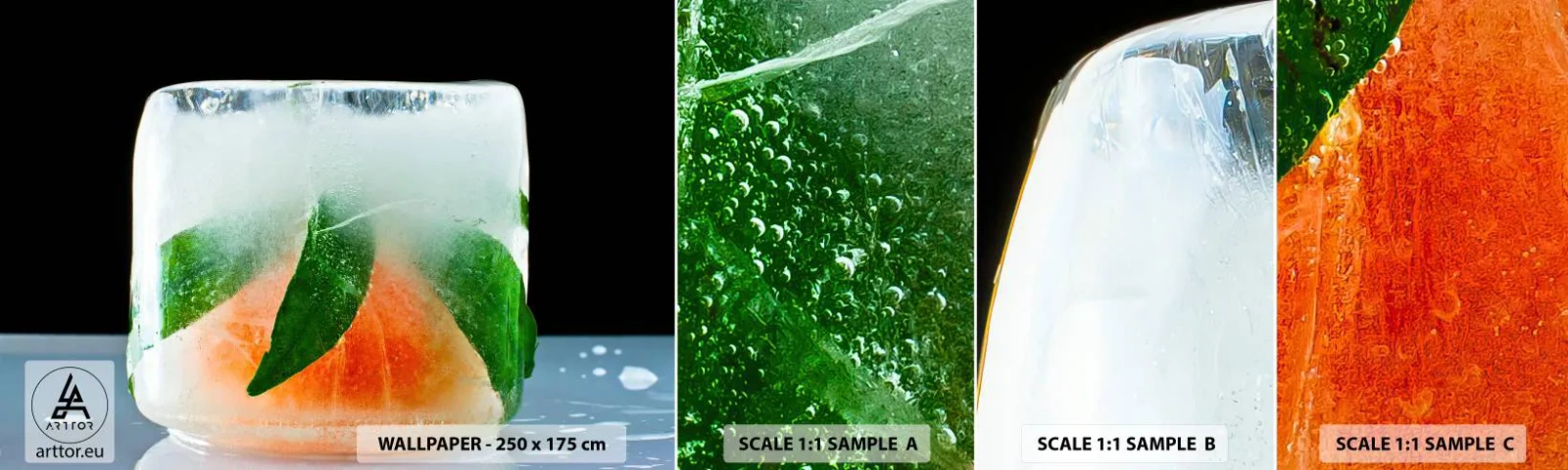 Amostra de Papel de Parede Standard Eco - Frescor e refresco - Cubo de gelo, Laranja, Folha de menta - 100x30 cm
