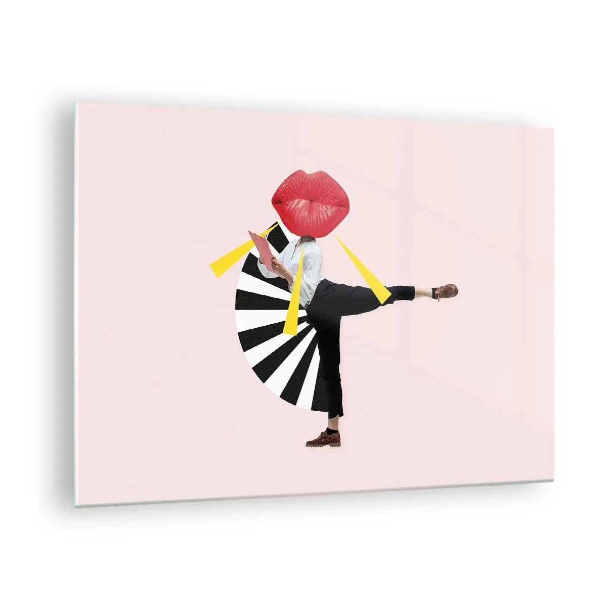 Quadro em vidro - Uma composição surreal de pop art apresentando um personagem com uma boca grande contra um fundo rosa. - 70x50cm - Arte pop surreal - Decoração de parede moderna para a sala de estar e quarto ARTTOR