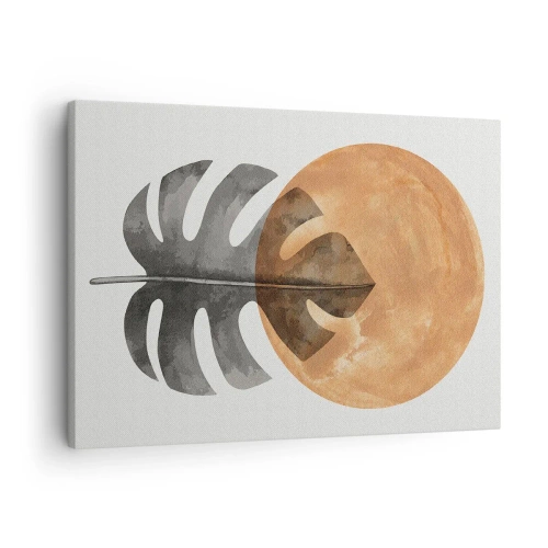 Quadro em tela - Folha de Monstera e círculo dourado em fundo claro - 70x50cm - Sempre o sol - Decoração de parede moderna para a sala de estar e quarto ARTTOR