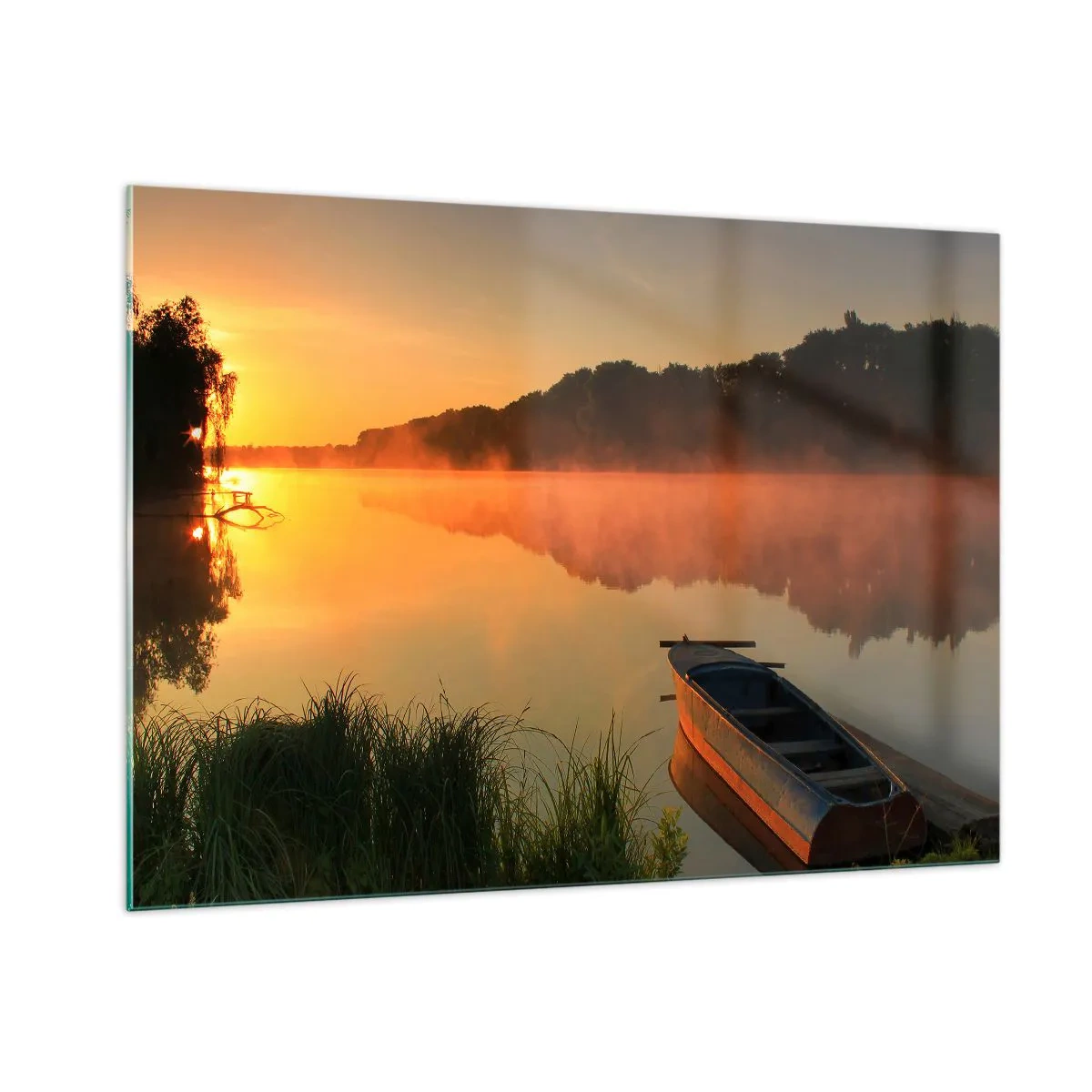 Quadro em vidro - Nascer do sol sobre a água como um espelho - 100x70 cm