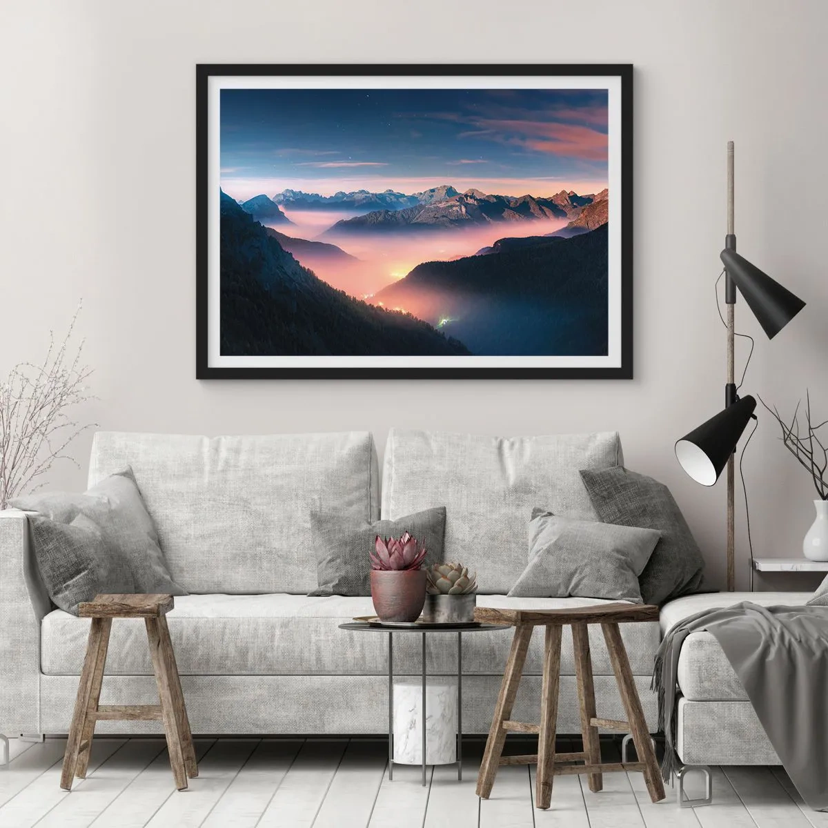 Pôster com moldura preta - Luz nos vales - 50x40 cm