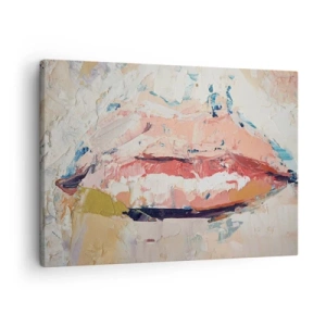 Quadro em tela - Uma composição abstrata representando os lábios de uma mulher em cores pastéis. - 70x50cm - Desperta os sentidos - Decoração de parede moderna para a sala de estar e quarto ARTTOR