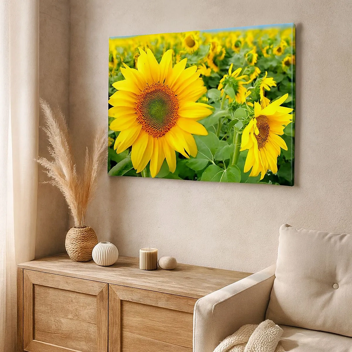 Quadro em tela - Um campo de girassóis com flores amarelas sobre um fundo de folhas verdes - 70x50cm - Centenas de sóis brilharam - Decoração de parede moderna para a sala de estar e quarto ARTTOR