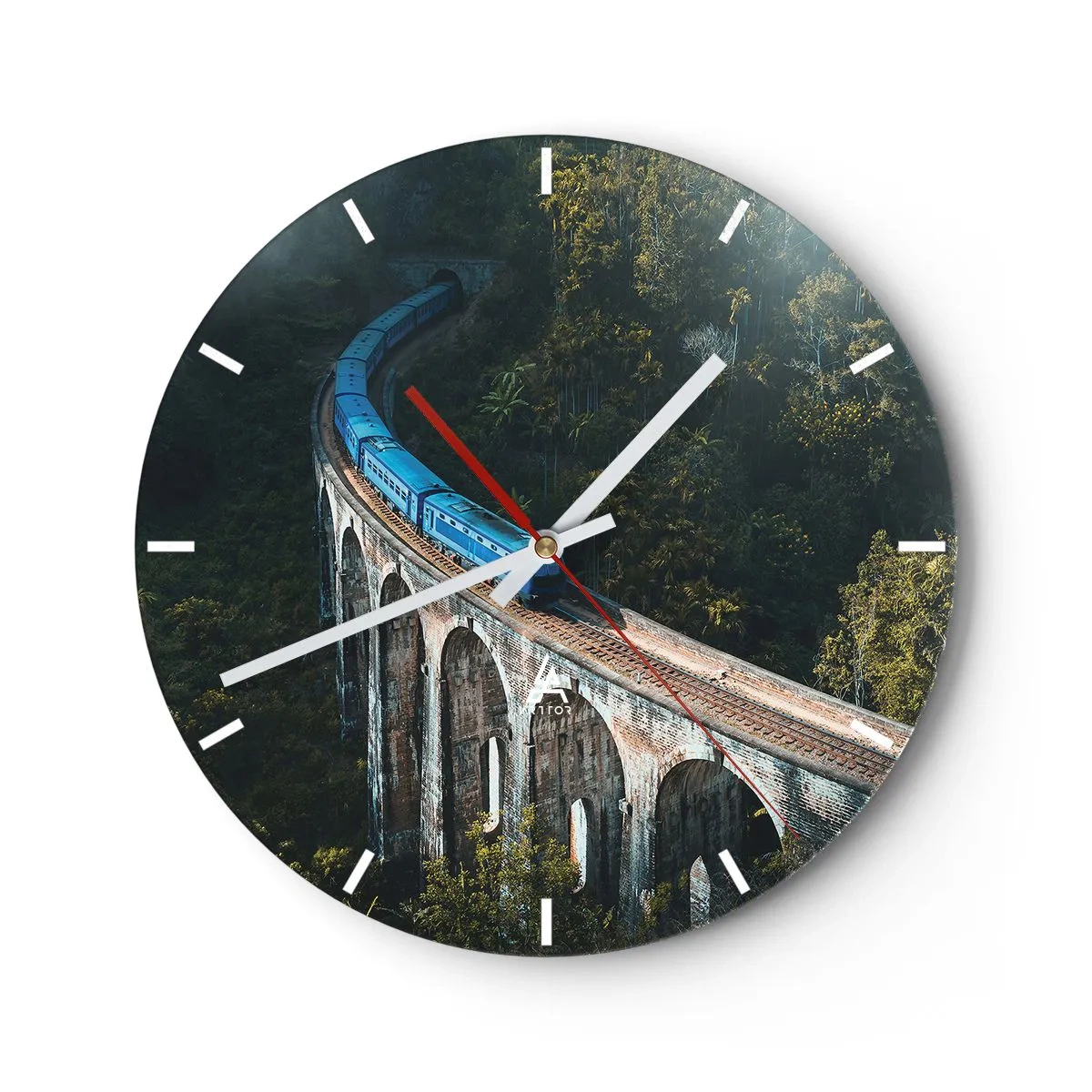 Relógio de parede - Relógio em vidro - Um trem em um viaduto em meio à vegetação tropical - 30x30cm - Comboio para a natureza - Decoração de parede moderna para a sala de estar, cozinha e quarto ARTTOR