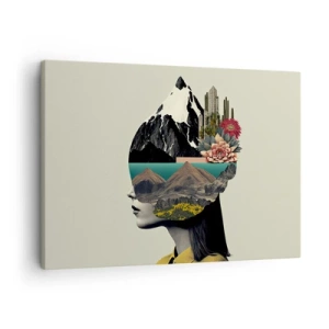Quadro em tela - Colagem de uma mulher com uma paisagem de montanha e flores - 70x50cm - Mulher – sempre um mistério - Decoração de parede moderna para a sala de estar e quarto ARTTOR