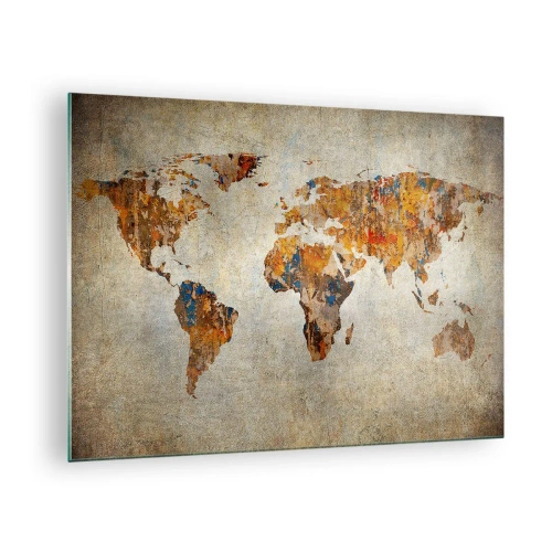 Quadro em vidro - Mapa-múndi artístico em tons quentes - 70x50cm - Um mundo verdadeiramente grande - Decoração de parede moderna para a sala de estar e quarto ARTTOR
