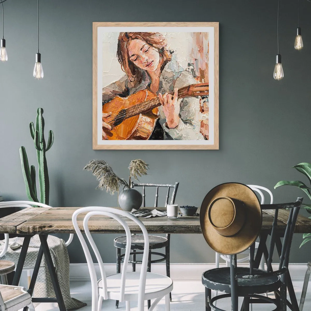 Pôster com moldura de carvalho claro - Concerto de violão e coração de rapariga - 40x40 cm