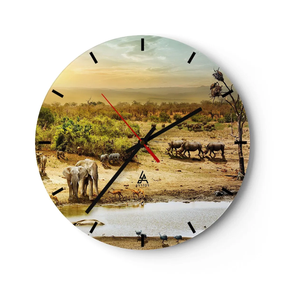 Relógio de parede - Relógio em vidro - Savana com animais selvagens em um bebedouro ao pôr do sol - 30x30cm - Um rio corria no Éden... - Decoração de parede moderna para a sala de estar, cozinha e quarto ARTTOR