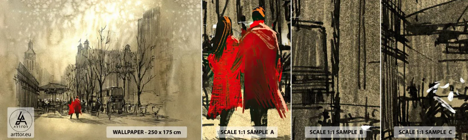 Amostra de papel de parede autocolante Deluxe Sticker - Um encontro no nevoeiro londrino  - Cidade, Londres, Arquitetura - 100x30 cm