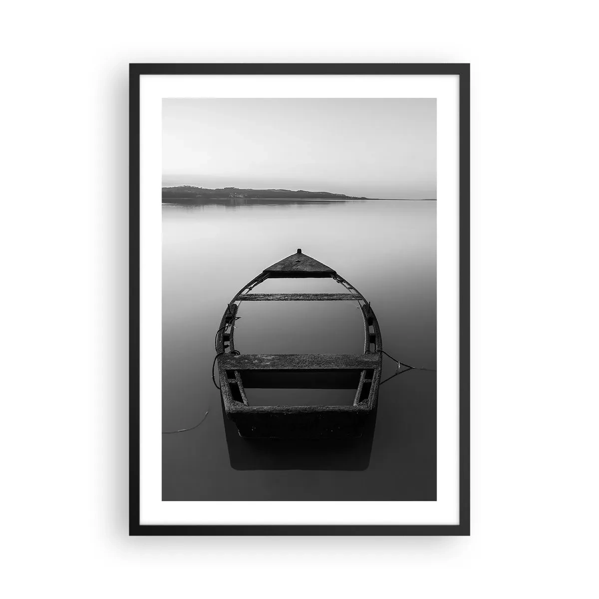 Pôster com moldura preta - Um velho barco flutuando em águas calmas - 50x70cm - Saudade e melancolia - Decoração de parede moderna para a sala de estar e quarto ARTTOR