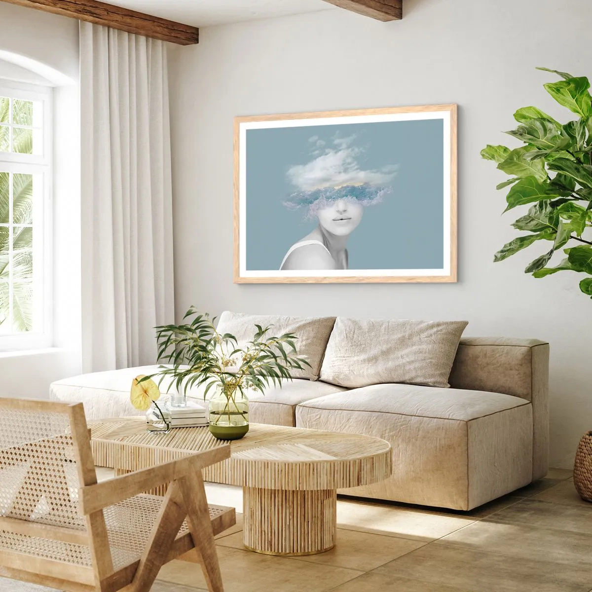 Pôster com moldura de carvalho claro - Com a cabeça nas nuvens - 100x70 cm