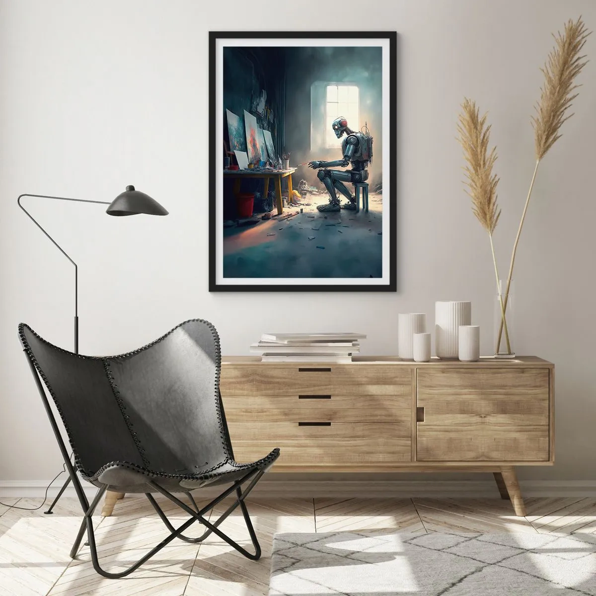 Pôster com moldura preta - Artista robô pintando quadros em seu estúdio - 50x70cm - O ato de criação - Decoração de parede moderna para a sala de estar e quarto ARTTOR