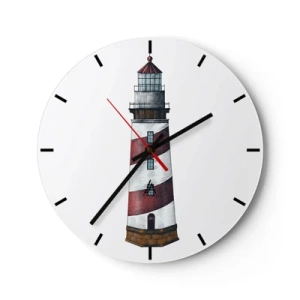 Relógio de parede - Relógio em vidro - Um farol com listras vermelhas e brancas em um fundo branco - 30x30cm - Sempre em guarda - Decoração de parede moderna para a sala de estar, cozinha e quarto ARTTOR