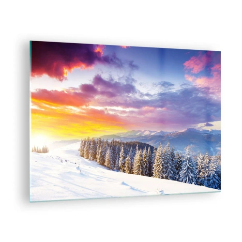 Quadro em vidro - Paisagem de montanha de inverno com árvores cobertas de neve e um céu colorido - 70x50cm - Em plena luz do dia - Decoração de parede moderna para a sala de estar e quarto ARTTOR