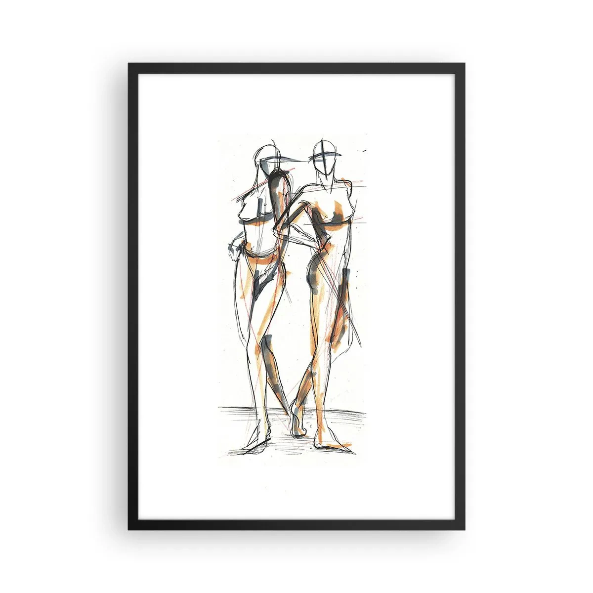 Pôster com moldura preta - Esboço abstrato de duas figuras em cores quentes. - 50x70cm - Um estudo do encanto - Decoração de parede moderna para a sala de estar e quarto ARTTOR