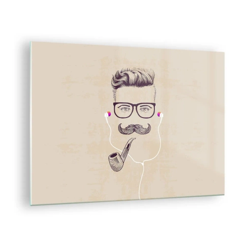 Quadro em vidro - Um desenho de um homem estilizado com óculos, bigode e um cachimbo. - 70x50cm - Um homem de verdade? - Decoração de parede moderna para a sala de estar e quarto ARTTOR