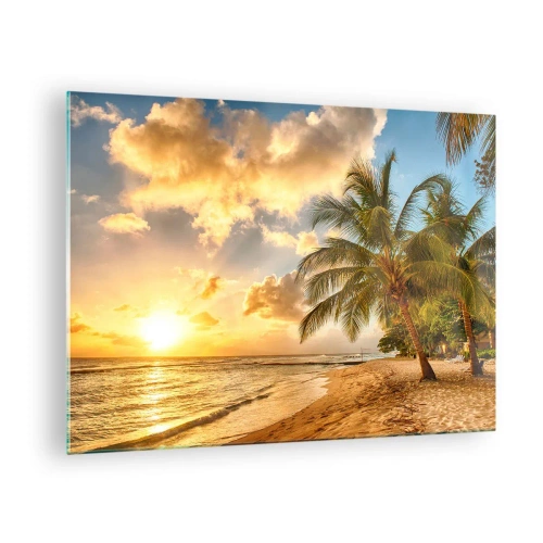 Quadro em vidro - Palm beach ao pôr do sol com cores quentes do céu - 70x50cm - Eterno verão, férias eternas - Decoração de parede moderna para a sala de estar e quarto ARTTOR