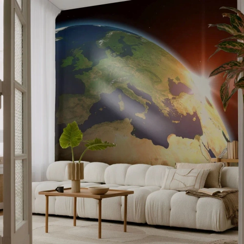 Papel de Parede Premium Canvas - Nascer do Sol - Cosmos, Globo, Continentes - 500x350 cm