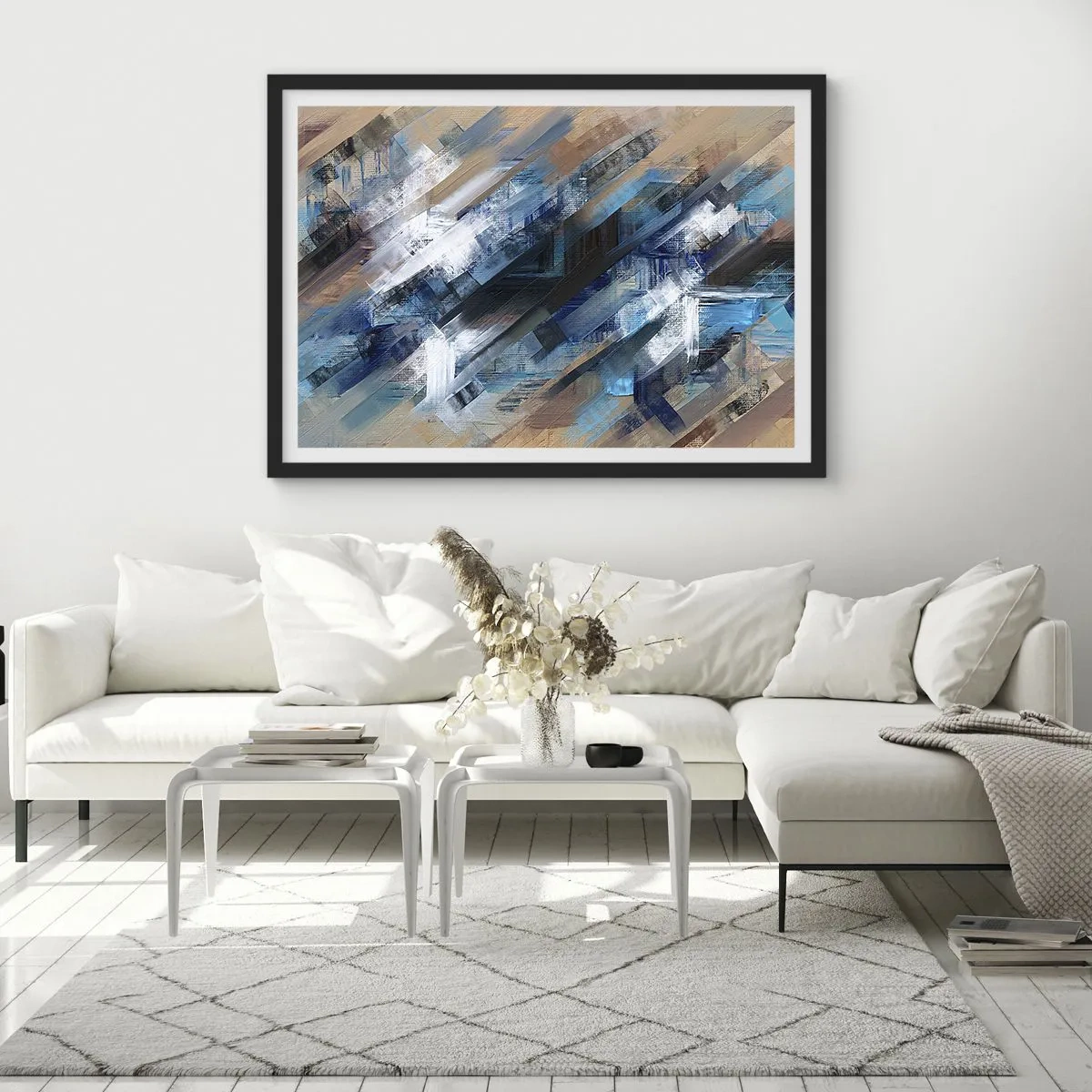 Pôster com moldura preta - Numa diagonal azul - 100x70 cm