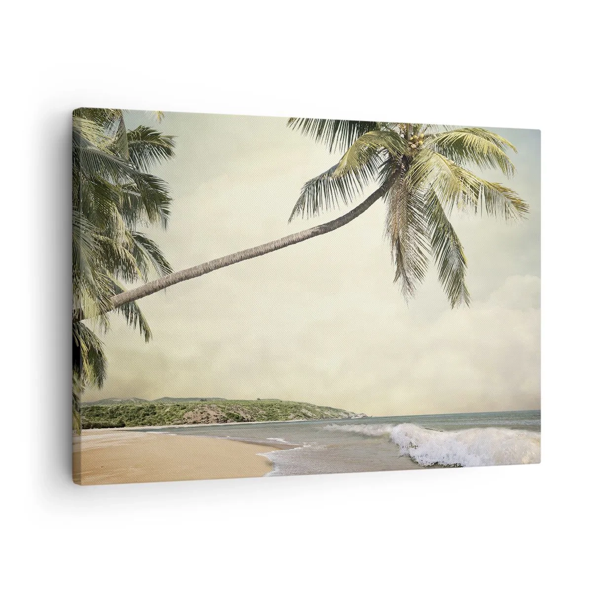 Quadro em tela - Uma praia com palmeiras tendo como pano de fundo um mar calmo - 70x50cm - Sonho tropical - Decoração de parede moderna para a sala de estar e quarto ARTTOR
